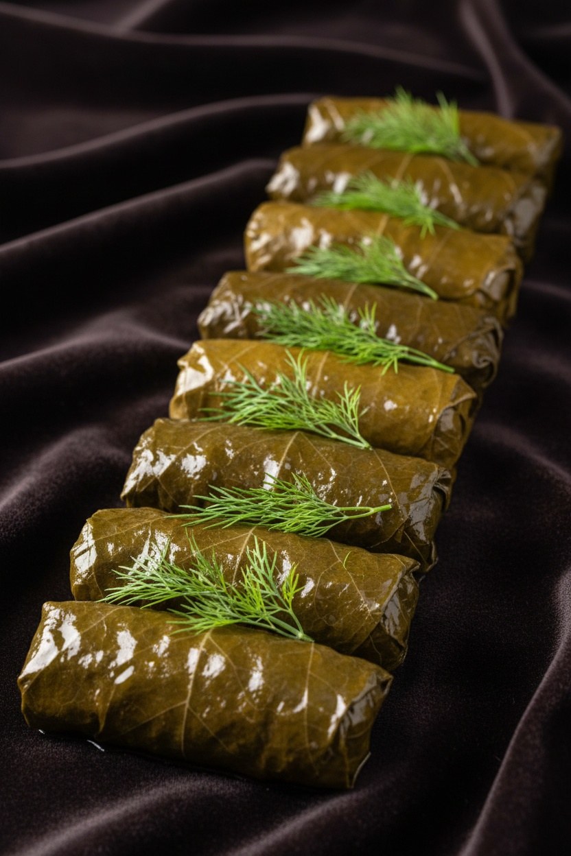 Yakın çekim: elde sarılmış zeytinyağlı yaprak dolma sırası, dere otu serpiştirilmiş