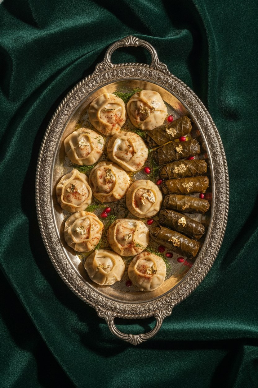 Klasik ikram tepsisinde mantı ve zeytinyağlı yaprak sarma, üzerinde altın varak