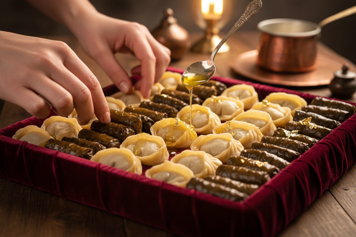 Bordo kadife kaplı tepsiye mantı ve dolma dizen eller, altın tereyağı dokunuşu